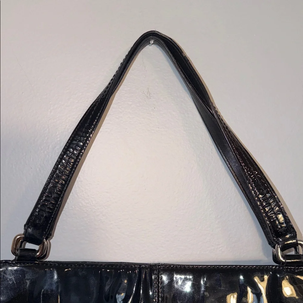 Coach ladies black patent leather tote. Green lining. F24893.